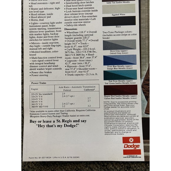 1979 Dodge St. Regis Sedan Original Car Sales Brochure Catalog Ad Automobile - Picture 3 of 3